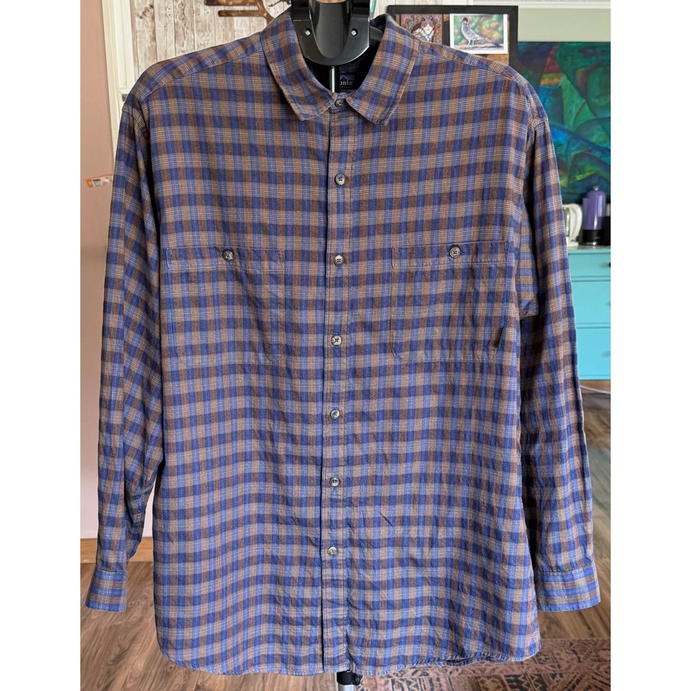 Patagonia Vintage Mens Organic Cotton Plaid Flannel Shirt Blue Brown Large